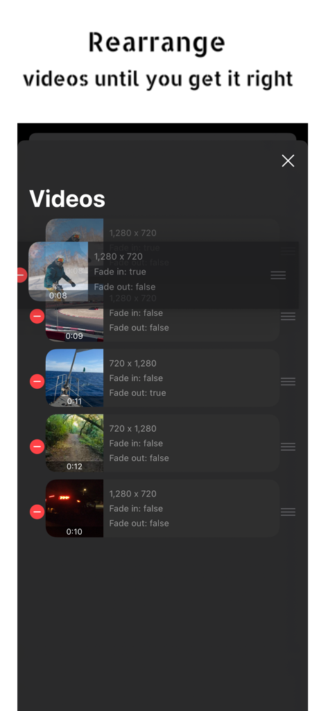 Interface showing how to rearrange video clips in the Merge Videos app