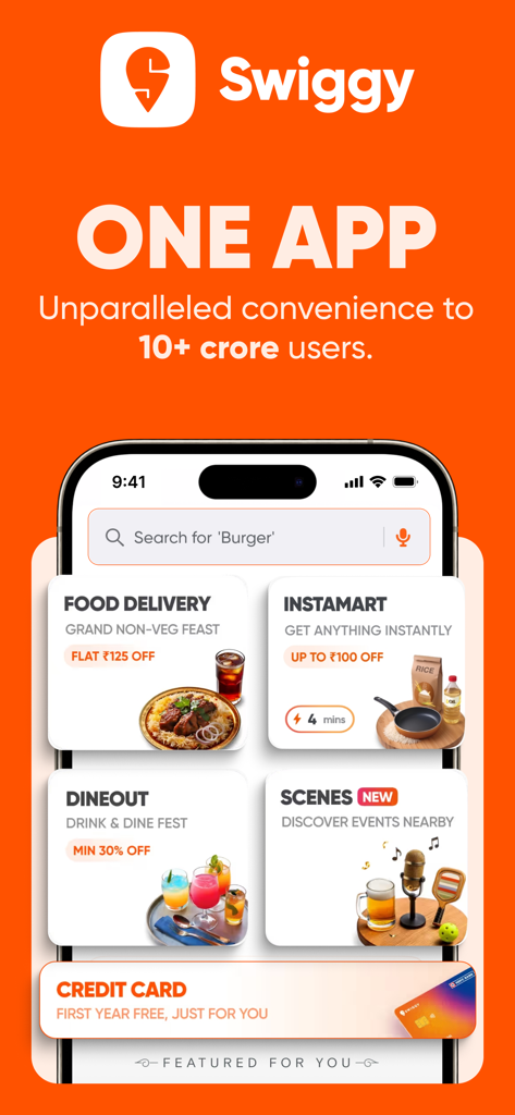 Swiggy mobile app interface highlighting food delivery, Instamart groceries, and Dineout restaurant deals.
