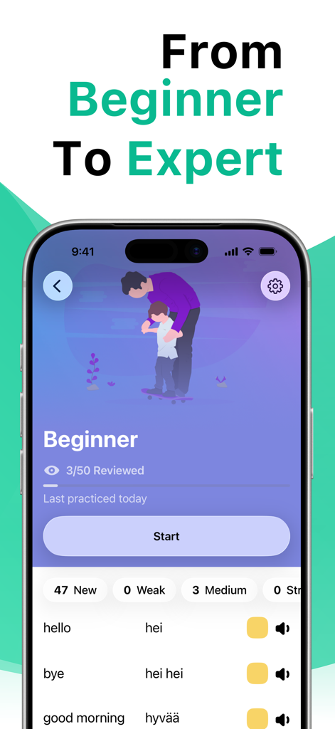 LENGOアプリのインターフェース。初心者レベルの語彙と学習進捗状況を表示