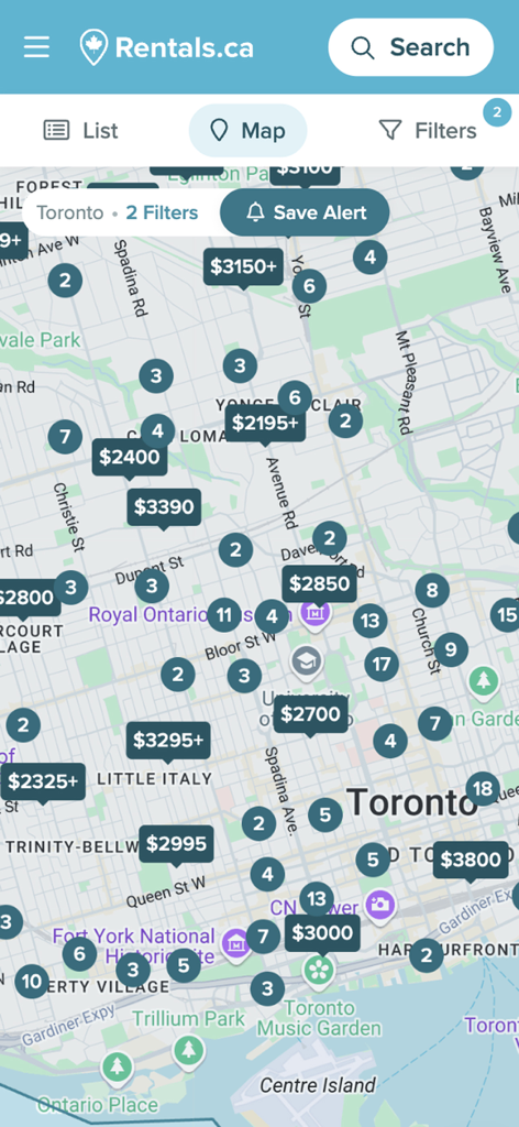 Rentals.ca :) Apartment Finder - Rentals.ca mobile app map interface displaying rental listings and prices in Toronto