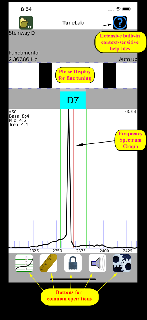 TuneLab Piano Tuner app interface showing frequency spectrum graph and phase display
