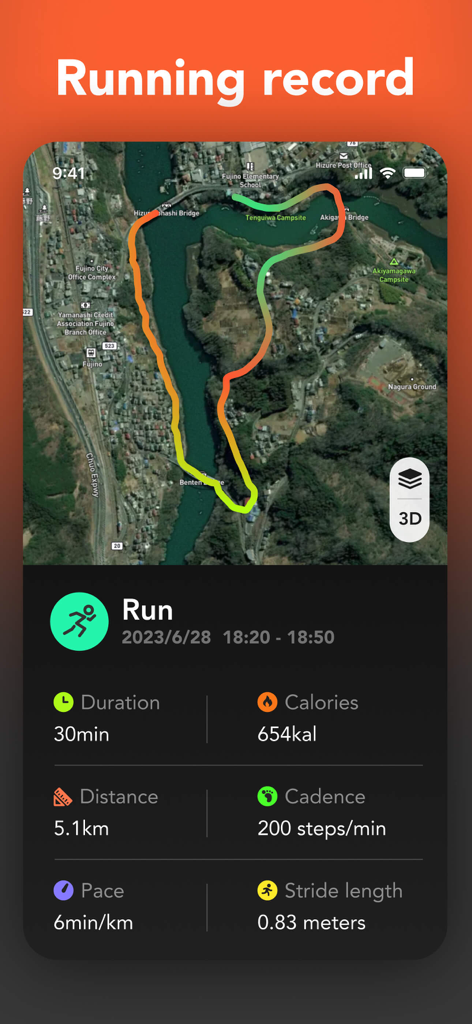 MoveX - Step and Run Tracker - A screenshot of the MoveX app showing a running record with a GPS satellite map and activity metrics like duration and pace.