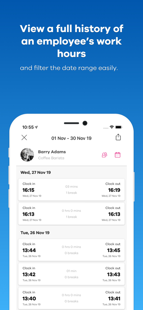 Blip! - Pantalla de aplicación móvil que muestra un historial detallado de las horas de trabajo y los registros de turnos de los empleados