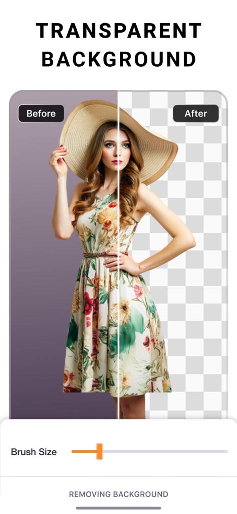 A before and after comparison showing the transparent background removal feature in the PhotoCut app.