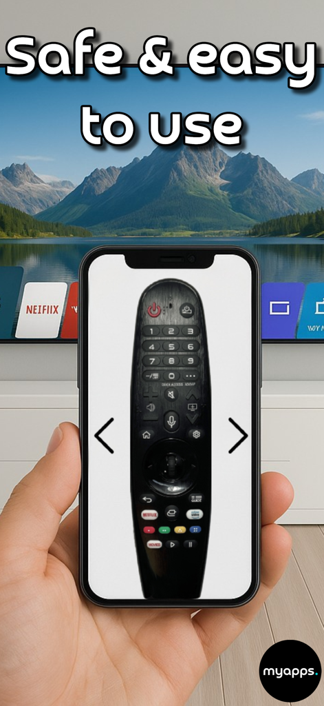 Remote For LG Smart TVs - Smartphone mostrando una interfaz de control remoto Magic LG digital con el texto Seguro y fácil de usar