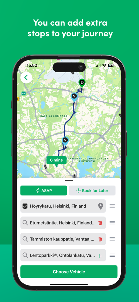 Menevä Taksi - Interface of the Meneva Taksi app displaying a map with multiple route stops and address fields for a ride booking in Finland