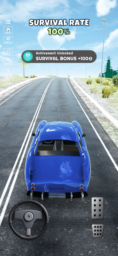 Captura de pantalla del juego de Car Survival Rate que muestra un coche azul en una carretera con una notificación de logro de bonificación por supervivencia.