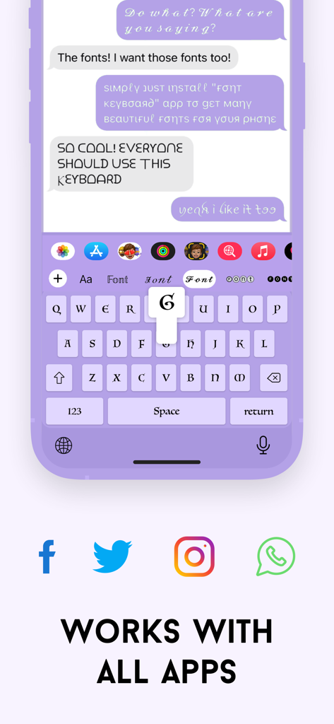 Interface de teclado de fontes para iPhone mostrando estilos de texto estilizados para aplicativos de redes sociais