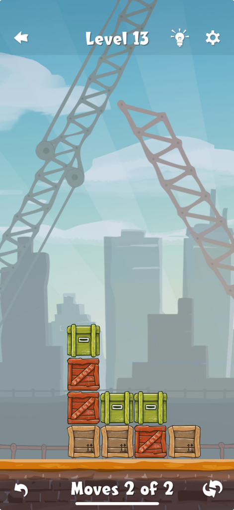 Move the Box - Move the Box gameplay screenshot showing a stack of colored wooden crates in an industrial dock setting at level 13