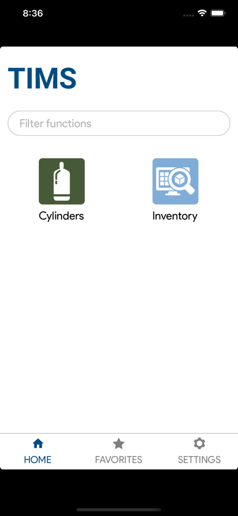 TIMS - Home screen of the TIMS app showing cylinder and inventory management icons