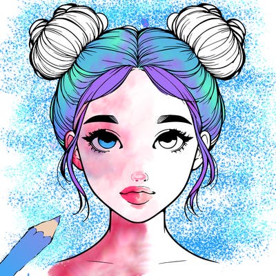 realistic girl with two buns on top of her head