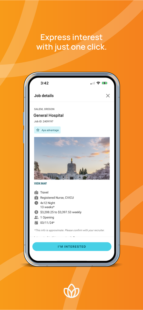 Aya Healthcare Job Search - Aya Healthcare app screenshot showing nurse job details in Salem Oregon with pay information and interest button