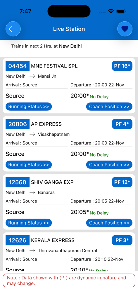 NTES - National Train Enquiry System app screen showing live train status and platform numbers for New Delhi station