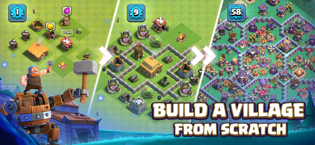 クラッシュ・オブ・クランの村の進行段階を、初期ベースから高度な要塞まで比較した画像。テキストには「村をゼロから築こう」と表示されています。