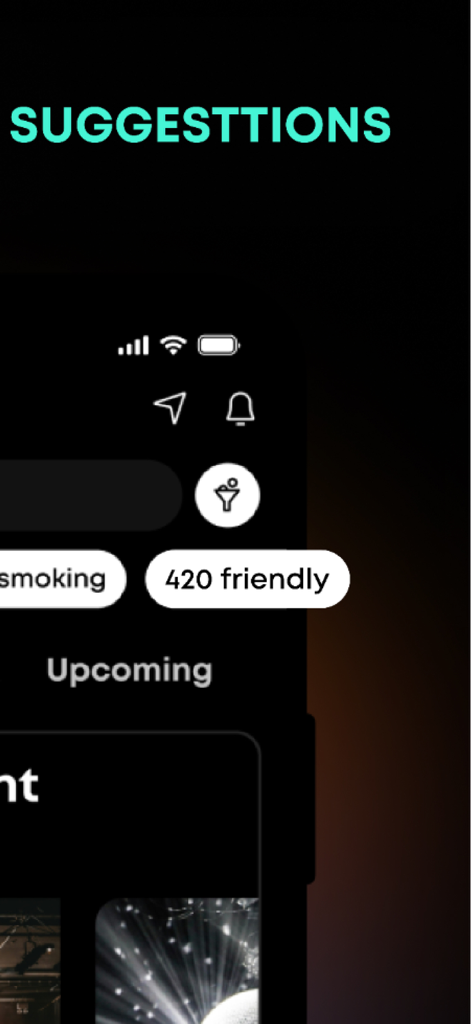 Frisson Events - Frisson Events mobile app interface showing event suggestions and a search filter for 420 friendly venues