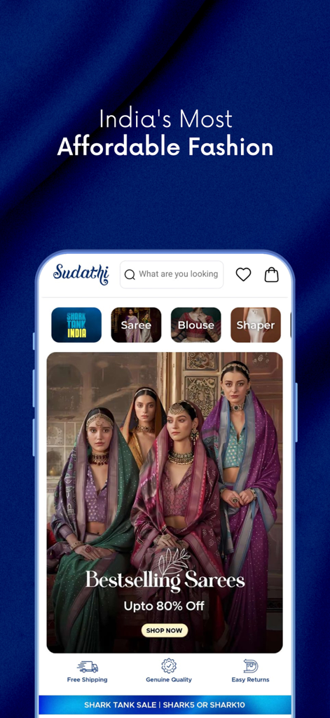 Tela inicial do aplicativo Sudathi exibindo os sarees mais vendidos e moda indiana tradicional com desconto