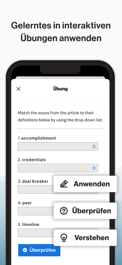 Business Spotlight app screen showing an interactive vocabulary matching exercise for business English