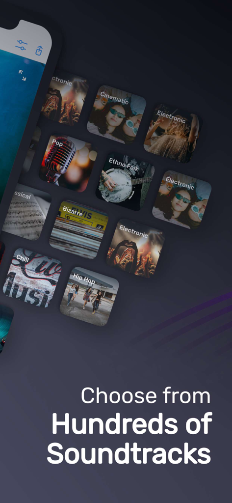 Interface showing various music genres for video editing soundtracks