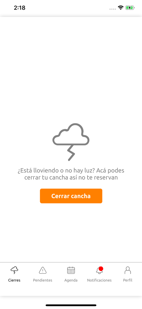 Interface of the Reva Admin app showing a button to close a sports court due to rain or power outages