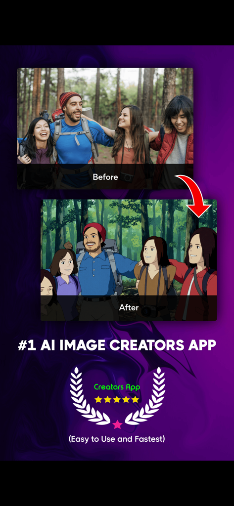 Ai Image Creators - A before and after comparison of a real group photo transformed into an anime style using the Ai Image Creators app