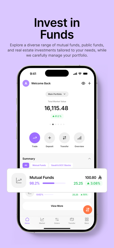 Derayah - Trade & Invest - Derayah app interface displaying a mutual funds portfolio with total market value and performance analytics.