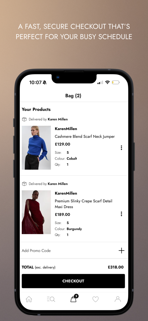 Karen Millen -Women’s Clothing - Shopping bag interface of the Karen Millen app showing luxury clothing items and a secure checkout button.