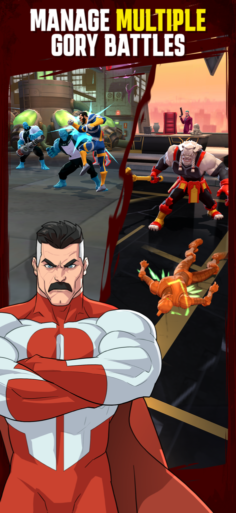 Invincible: Guarding the Globe - Omni-Man overseeing multiple simultaneous gory battles in the Invincible mobile game