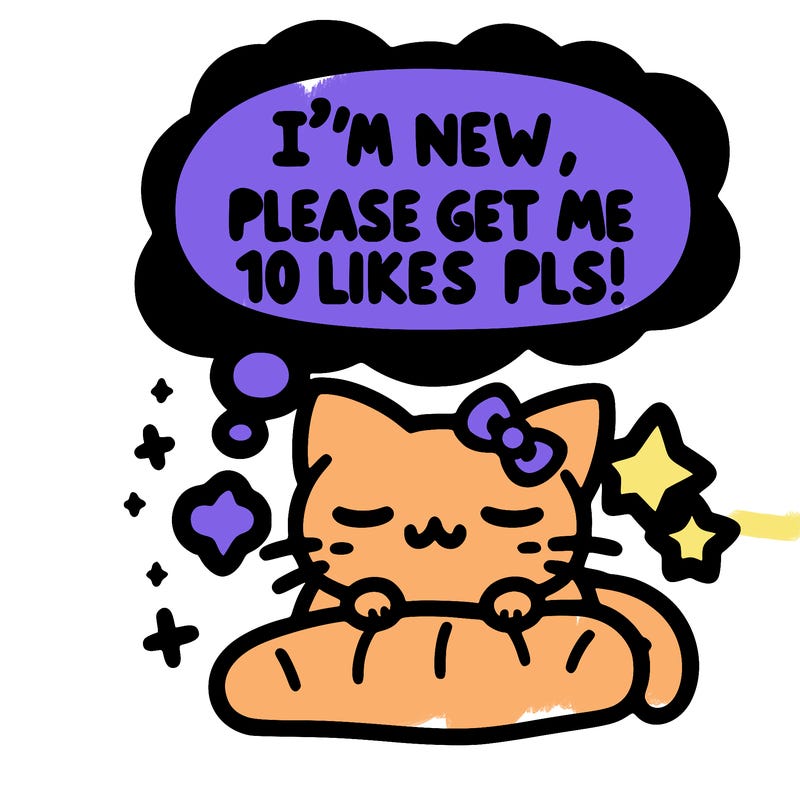 kitty taking a nap dream talking and saying "i'm new, please get me at least 10 likes pls!!"