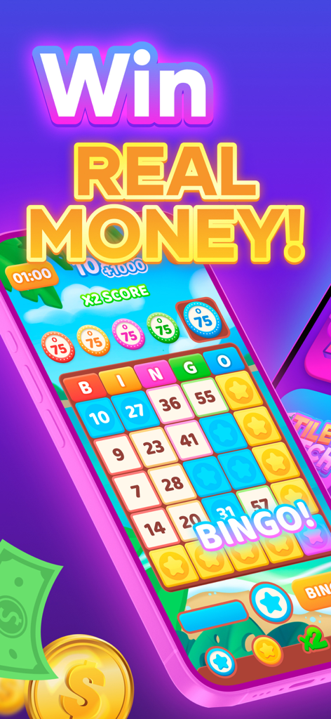 Mobile phone screen displaying a Bingo game on the Thrillz app with Win Real Money text
