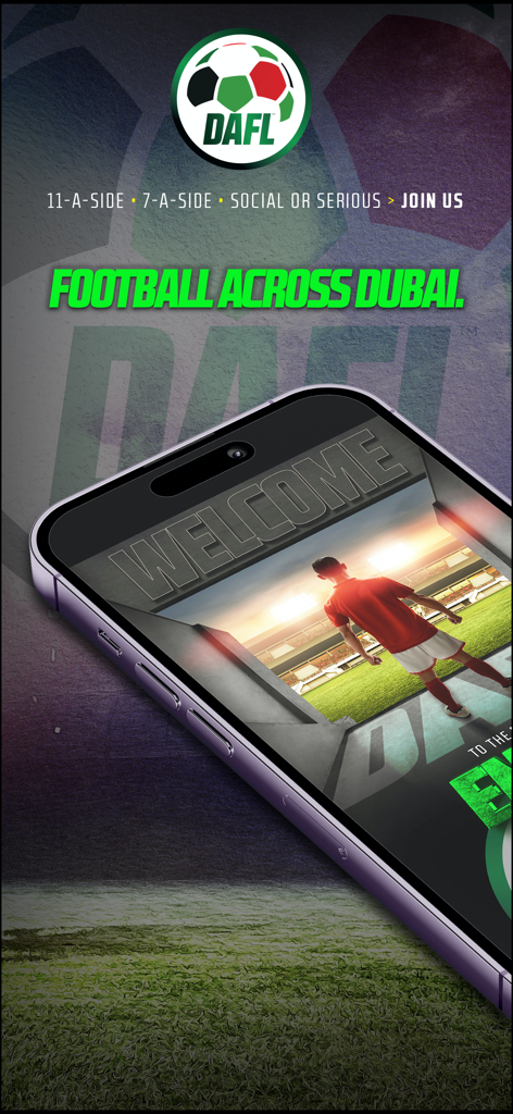 DAFL - Pantalla de bienvenida de la aplicación DAFL con un jugador de fútbol e información de la liga