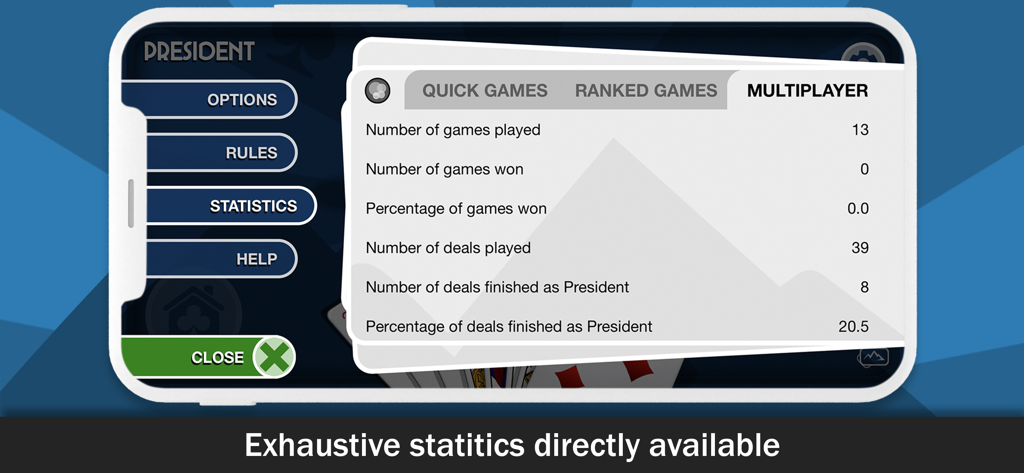 President online - Detailed multiplayer statistics menu showing player performance in the President online card game.