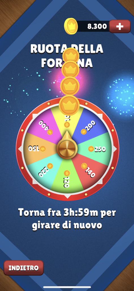 Briscola Classica Online - A colorful wheel of fortune feature in the Briscola Classica Online app showing daily coin rewards and a countdown timer.