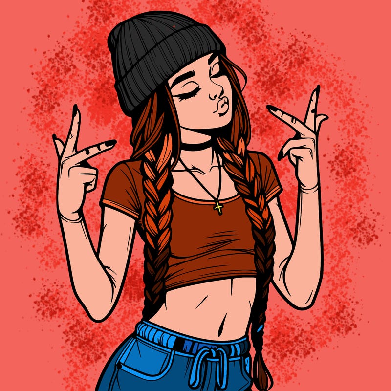 realistic teenage girl with braids and a beanie and crop top doing 🫶🏼