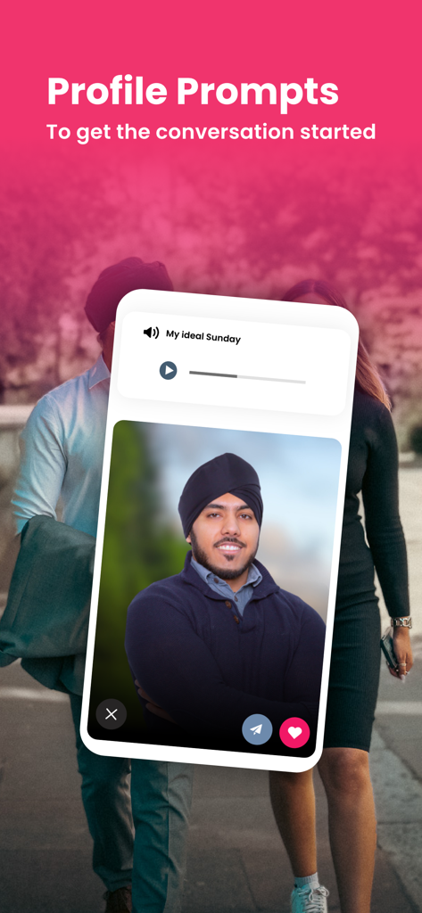A Sikh man's profile on the Sikhing app featuring an interactive voice prompt to help start conversations.