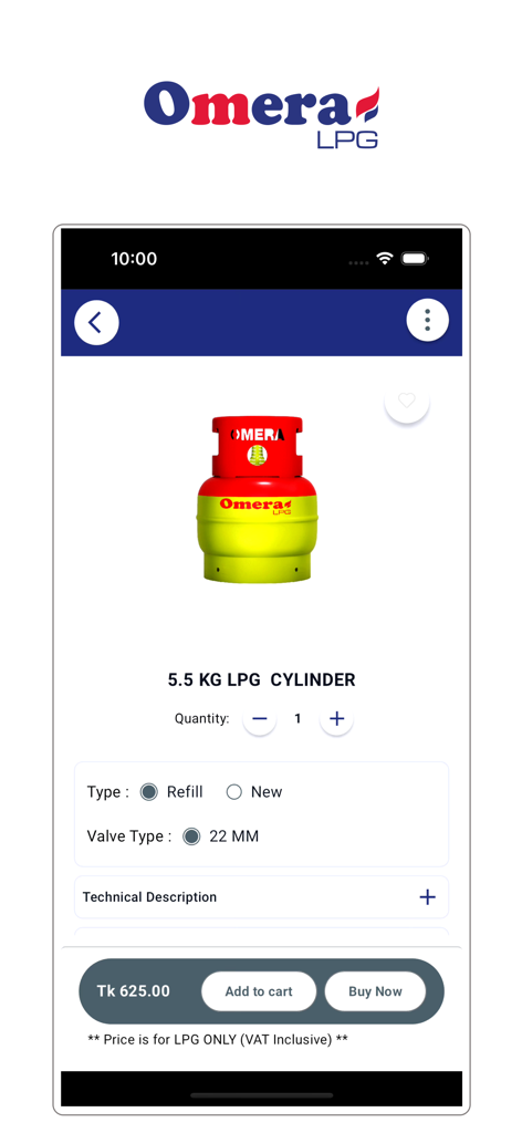 LPG Solutions - Omera LPG Solutions app screen for ordering a 5.5 kg gas cylinder