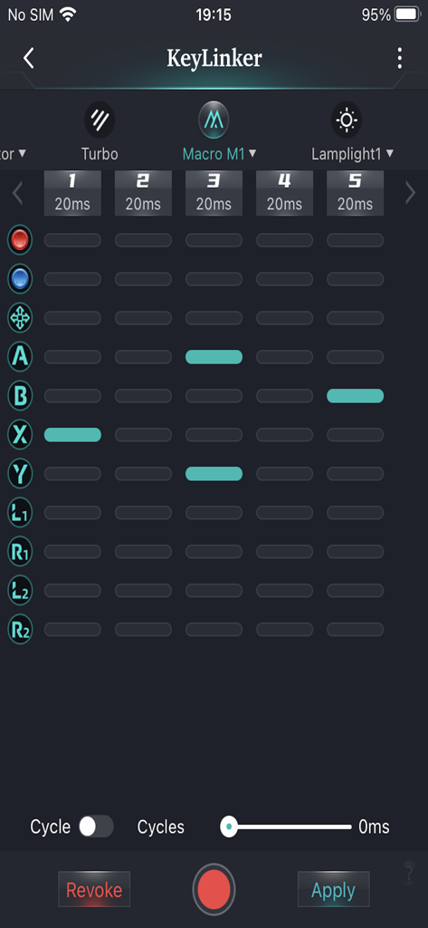Macro configuration screen in KeyLinker app for setting gaming controller button sequences