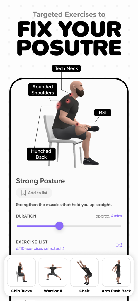 Moova: Hourly Activity Breaks - Interfaz de la aplicación Moova que muestra ejercicios dirigidos para corregir la postura y aliviar el dolor de cuello por tecnología para trabajadores de escritorio.
