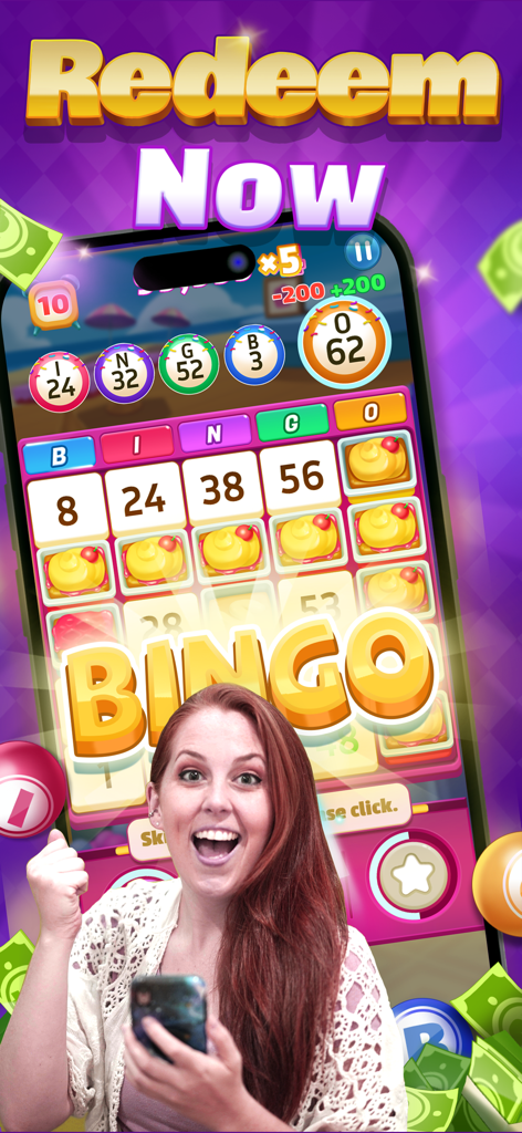 An excited woman celebrating a win on the Bingo For Cash mobile app with a redeem now message