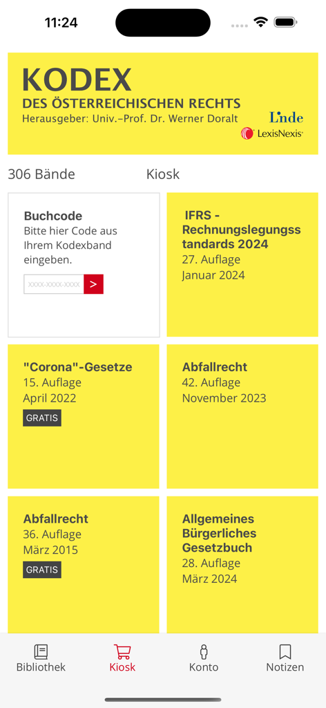 KODEX - Kiosk screen of the KODEX mobile app showing various Austrian law book volumes and a book code entry section.