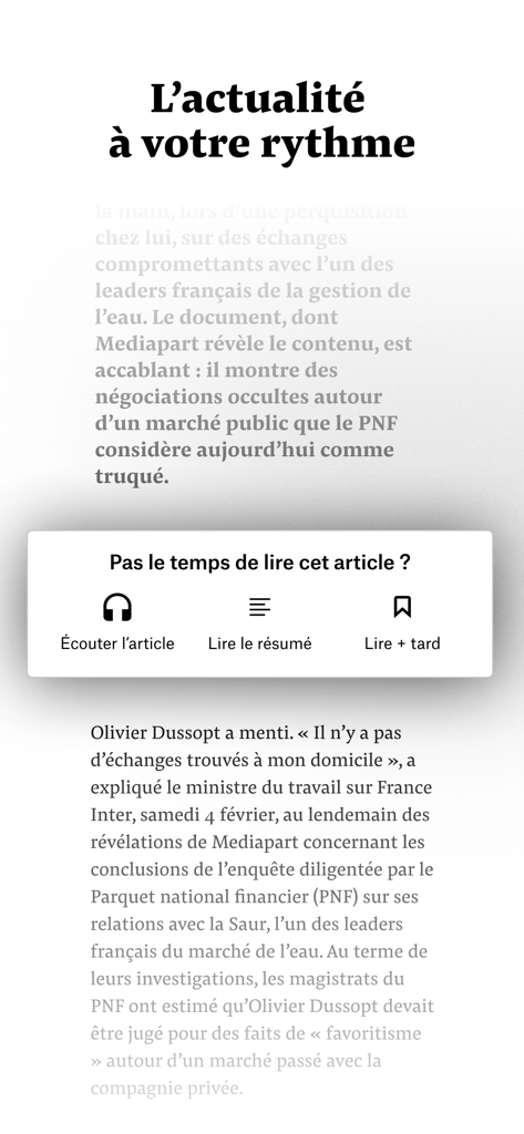 Mediapart, journal indépendant - 記事を聴くか概要を読むかのオプションを表示するMediapartアプリのインターフェース