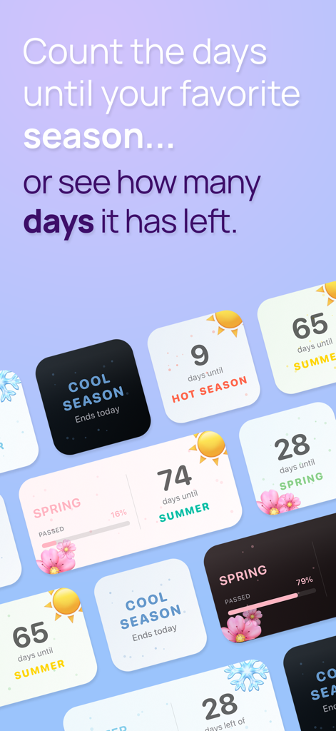 Uma coleção de widgets estéticos de contagem regressiva sazonal para a tela inicial do iPhone mostrando os dias até a primavera e o verão.