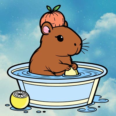 a capybara sitting in a hot tub with an orange on its head