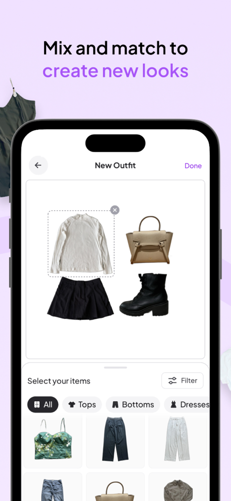 Clozzie - Your Digital Closet - Clozzie app interface showing the outfit creator feature to mix and match clothing items.
