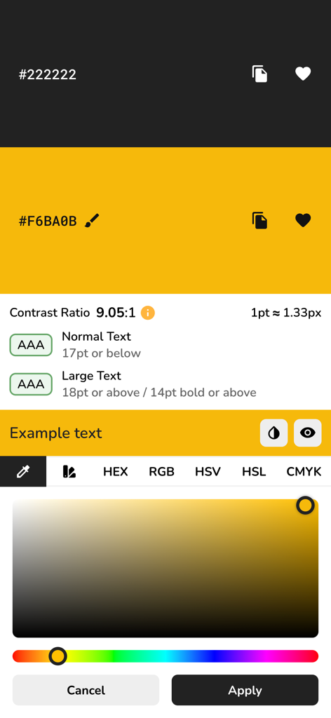 Interface of the Pigments app showing a WCAG color contrast checker and a color picker for accessible design.