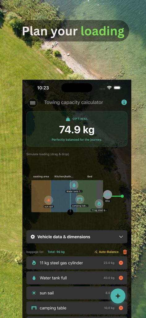 Caravan-Assistant: Wohnwagen - Interfaz de la aplicación Caravan Assistant mostrando la calculadora de capacidad de remolque y el plan de carga de la caravana.