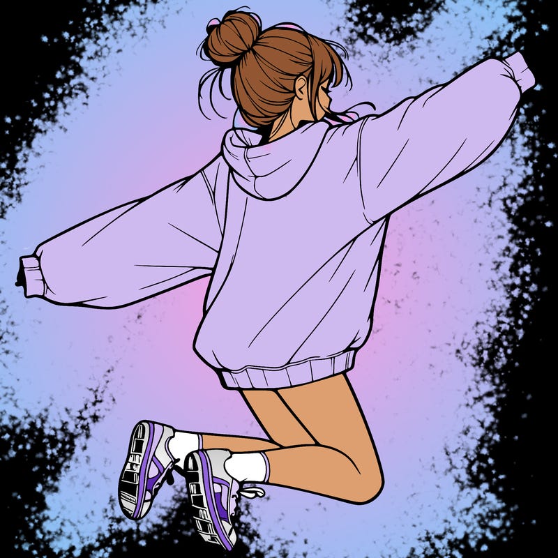 realistic girl jumping with a bun and oversized sweatshirt