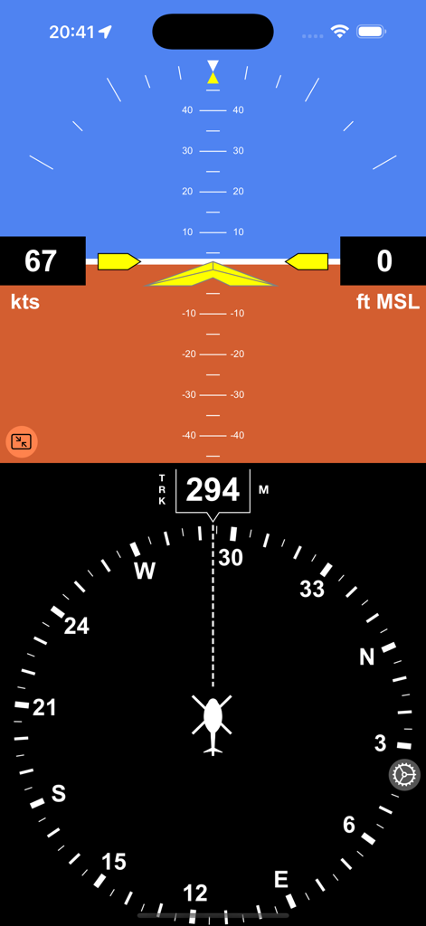 Interface of iEFIS Light app displaying an artificial horizon and a 360 degree compass rose for pilots.