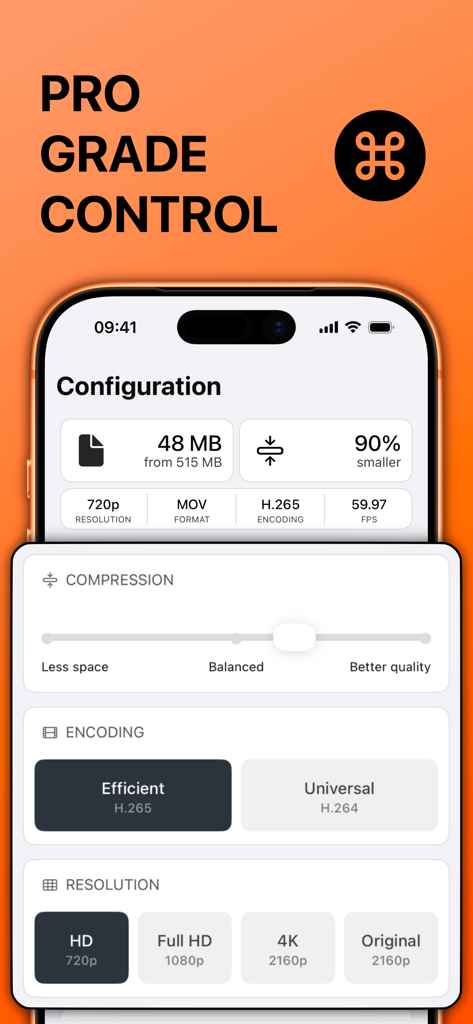 Video Compressor - Kompresso - Interface of Kompresso app showing video compression settings including encoding format and resolution