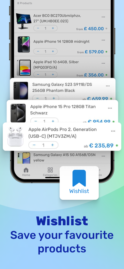 Interface mobile de l'application Geizhals affichant une liste de souhaits de produits avec des appareils électroniques comme des iPhones et des AirPods et leurs prix actuels.