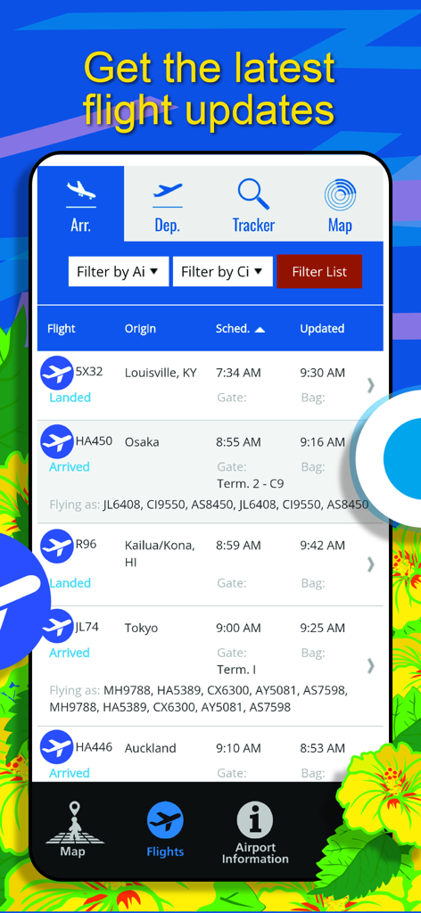 HNL Airport - A smartphone screen displaying the HNL Airport app flight arrivals page with real-time status updates and arrival times.